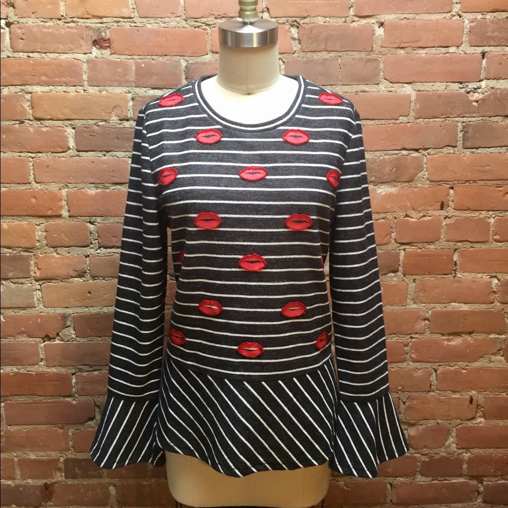 NEW NANETTE LEPORE Blue & White Striped Kisses Top